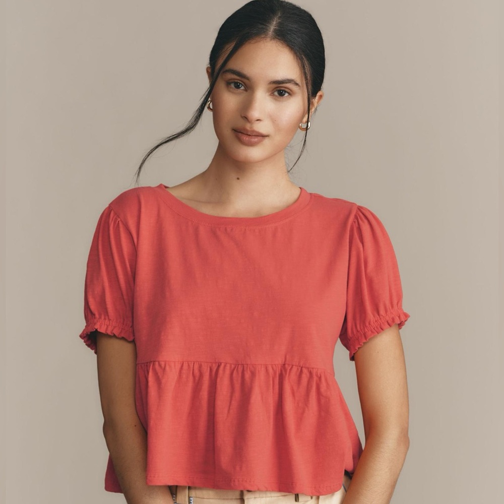 By Anthropologie Swingy Puff-Sleeve Tee 100% Cotton Pullover Top Orange Coral